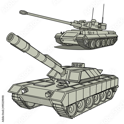 Two military tanks with long guns and treads for combat and warfare concepts