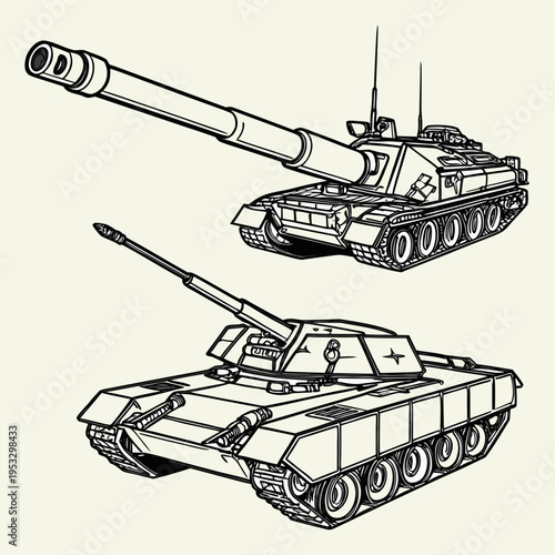 Two german military tanks with long guns on a beige background in a line drawing style