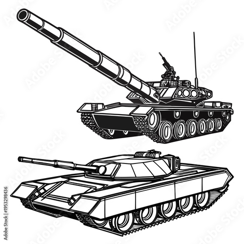 Two military tanks with long guns and treads on isolated in black and white line art illustration style