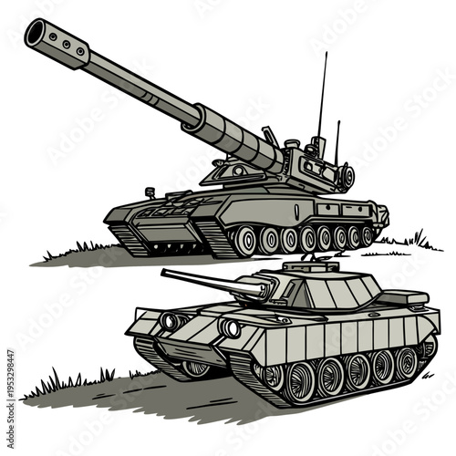 Two military tanks with long guns on a grassy terrain for military or weapon concepts