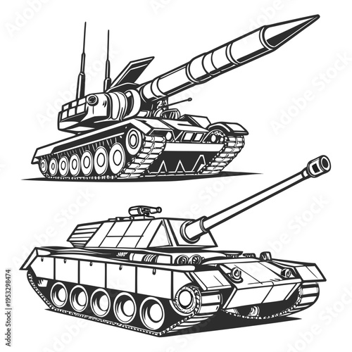 Two military tanks with missile and cannon on isolated in black and white