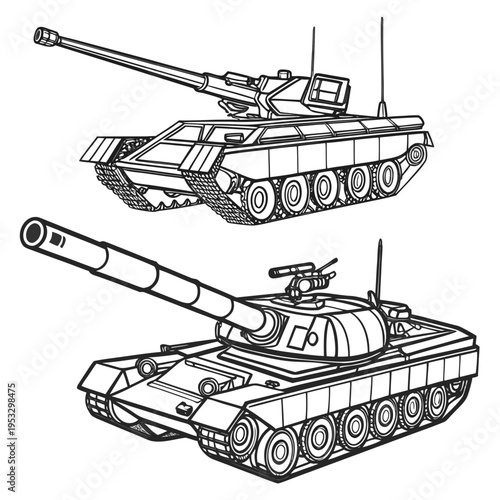 Two military tanks with long guns and treads on isolated for design and educational use