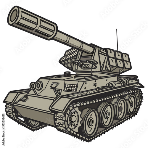 A detailed illustration of a military tank with a large gun barrel pointing upwards