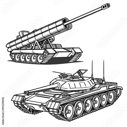 Military tank and self propelled howitzer in black and white line art for industrial or educational use