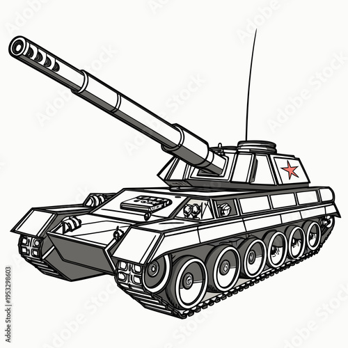 A black and white illustration of a military tank with a red star on its turret