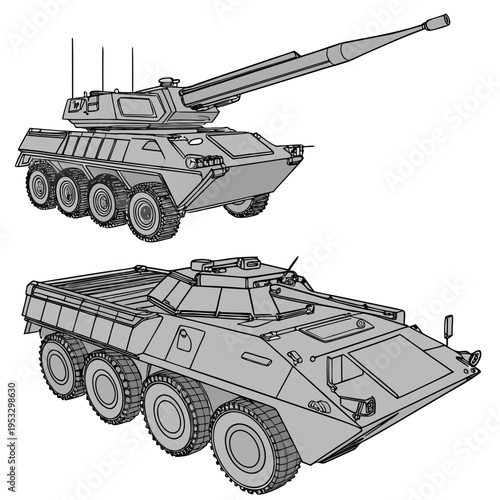 Military armored vehicles with cannons and wheels for defense and army concepts