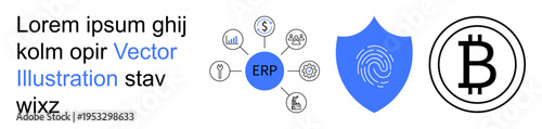 Digital transformation, enterprise solutions, finance, security, blockchain, authentication. Central ERP icon with process icons, fingerprint on shield Bitcoin symbol. Digital transformation