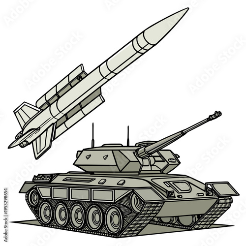 Military tank and missile launcher in action for military operations