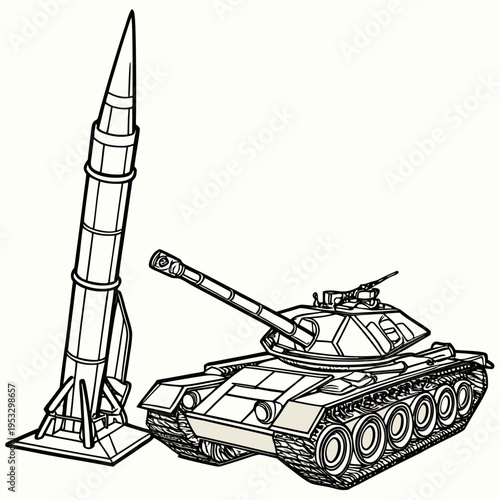 Military tank and missile launcher on a for coloring book pages and kids activities
