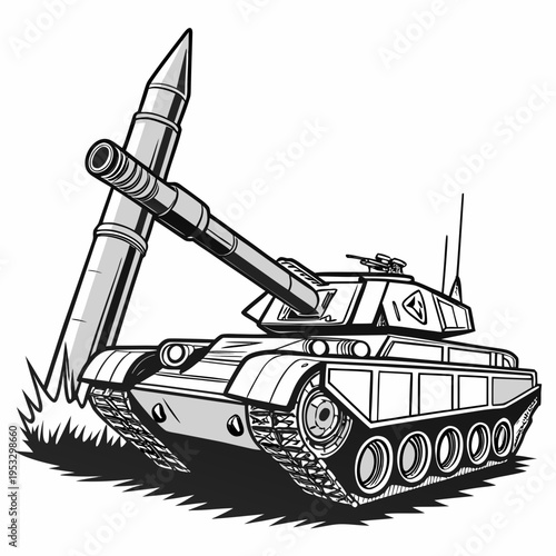 A black and white illustration of a tank with a large missile on its cannon