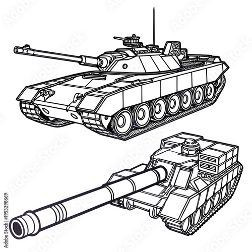 Two military tanks with long guns and treads for coloring book pages