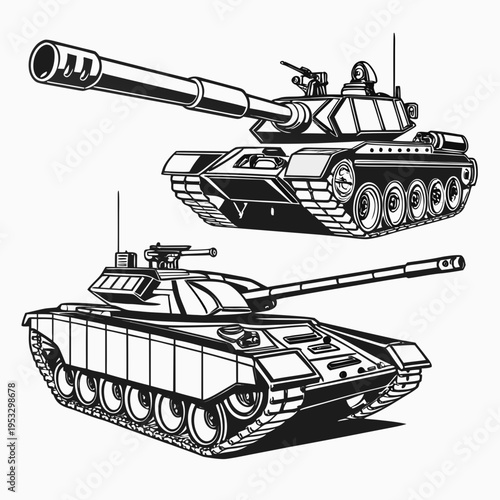 Two military tanks with long guns on isolated in black and white line art style for coloring book