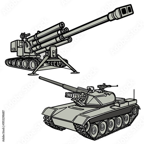 Military vehicles including a tank and a multibarreled rocket launcher on a for military or defense concepts