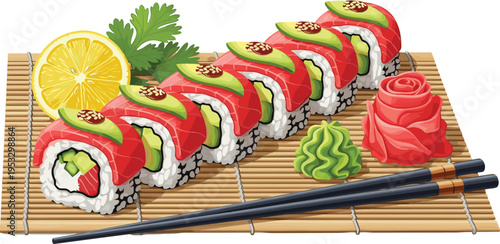 Fresh sushi rolls with tuna avocado and cucumber on bamboo mat, Japanese food illustration with chopsticks, wasabi and ginger for restaurant design