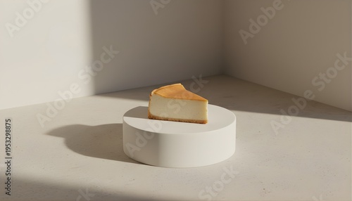 Minimal scene with a small cake slice placed on a podium. Perfect for product mockup, dessert presentation, and modern minimal design.