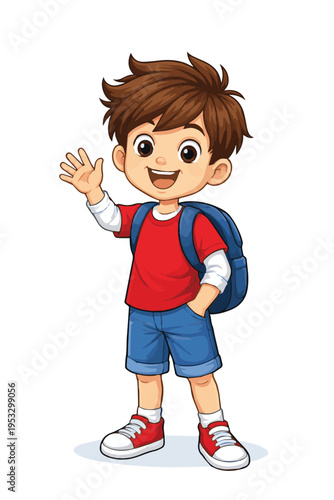 Simple vector of a little boy carrying a backpack and wearing shoes, ready to go to school, with clean lines and a cheerful style capturing a bright learning moment.