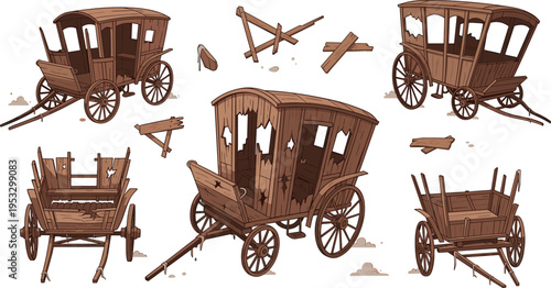 Old broken wooden wagon set with damaged wheels and parts, vintage rustic cart collection, abandoned transport illustration for western and historical design