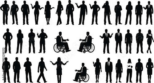 Large collection of business people silhouettes including men women and wheelchair users in various poses isolated on white background