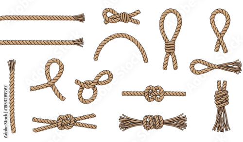 Sea rope vector set with twisted nautical ropes knots loops and rope ends flat illustration collection
Keywords