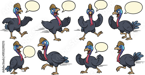 Funny turkey cartoon character set with speech bubbles, animated bird poses collection, humorous farm animal illustration for stickers, comics and kids design