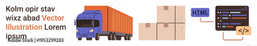 Logistics, transportation, coding, web development, business processes, e-commerce solutions. Truck and cargo boxes paired with HTML coding interface. Logistics and transportation concept