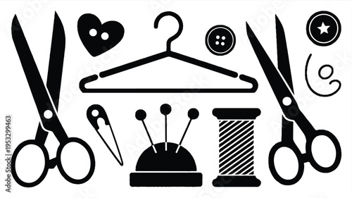 Sewing and crafting supplies are arranged in a scattered pattern with scissors, hangers, and threads.
