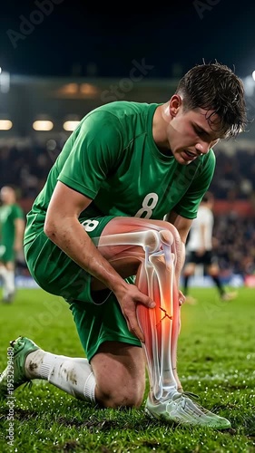 Soccer player in green uniform clutches injured leg showing bone fracture and muscle tear during nighttime stadium match with blurred crowd
