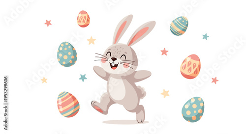 A cheerful Easter bunny surrounded by colorful eggs.