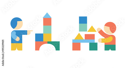 This illustration depicts two young children creatively engaging with colorful geometric building blocks to construct various imaginative structures.