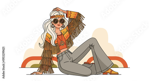 Woman in retro outfit sitting relaxed.