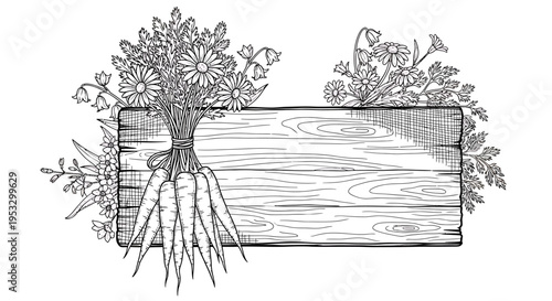 A black and white drawing of a tree growing out of a wooden sign.