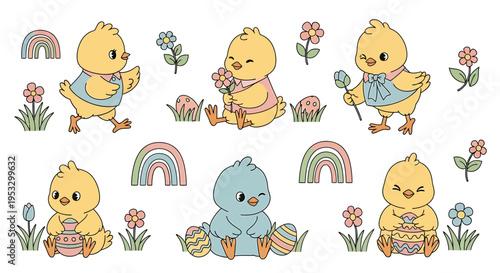Cute cartoon chicks with flowers and eggs.