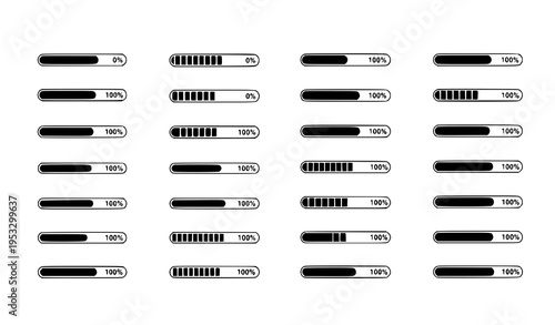 Loading bar progress icons vector set with horizontal UI indicators and completion status bars isolated on white background
