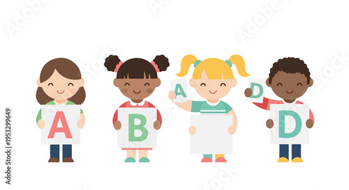 A group of four diverse children joyfully hold up signs featuring different letters of the alphabet, representing an inclusive learning environment.