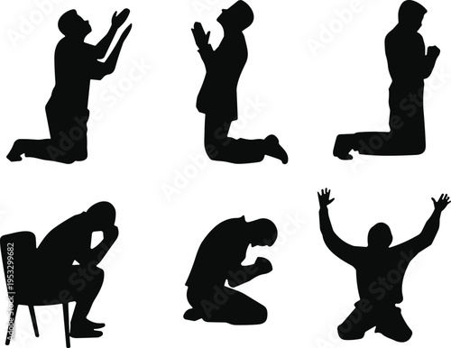 Set of praying people silhouettes in different poses including kneeling sitting and raising hands in worship isolated on black background