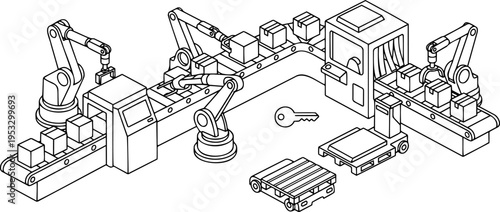 Isometric line art vector of smart factory robotic assembly line and conveyor belt