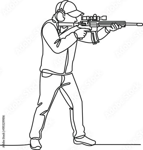 Continuous single line drawing of a person aiming a rifle