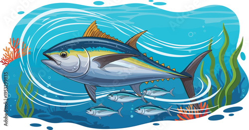 Colorful tuna fish swimming underwater with ocean plants and bubbles, marine life illustration, aquatic wildlife vector for sea themed design