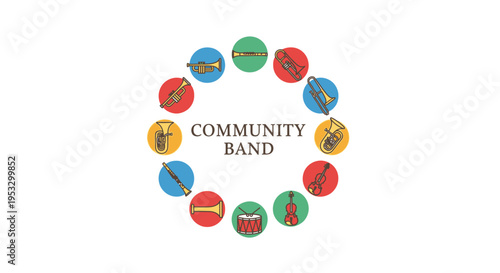 Community Band Logo with Musical Instruments.