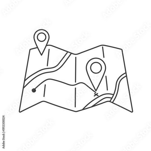 Map with location markers and route. Vector illustration in cartoon doodle style, hand-drawn.