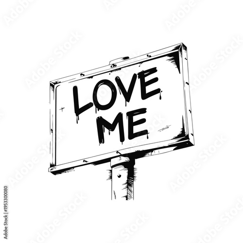Black and white illustration of a roadside billboard with graffiti text "LOVE ME", urban street art style vector