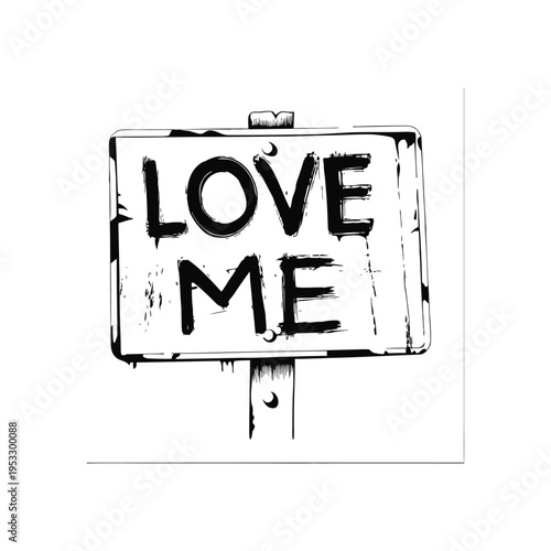 Black and white illustration of a roadside billboard with graffiti text "LOVE ME", urban street art style vector