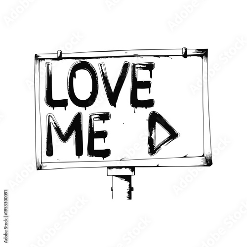 Black and white illustration of a roadside billboard with graffiti text "LOVE ME", urban street art style vector
