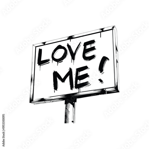 Black and white illustration of a roadside billboard with graffiti text "LOVE ME", urban street art style vector