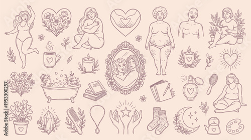 A collection of line art illustrations celebrating body positivity, self-care, and inner peace with diverse figures and symbols of comfort and beauty.