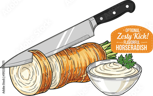 Sliced Horseradish Root with Knife and Sauce Bowl Zesty Flavor Illustration for Cooking and Food Preparation Vector Design Collection