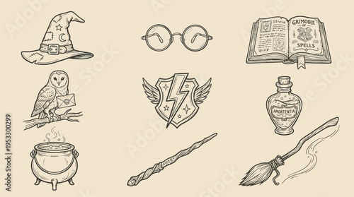 A collection of hand-drawn magical items, including a wizard hat, glasses, a spellbook, an owl, a potion, a broomstick, and a cauldron.