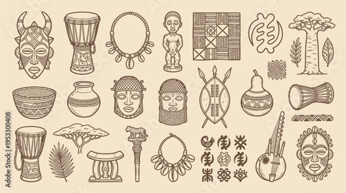 Vintage engraving style collection of African cultural artifacts and traditional symbols on a beige background.