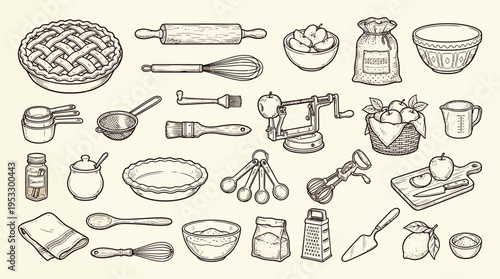 A comprehensive collection of vintage-style baking tools and ingredients for making apple pie, including a finished pie, apples, flour, rolling pin, whisk, and various measuring utensils.
