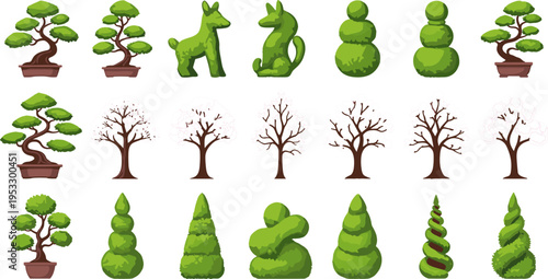 Topiary and Bonsai Tree Icon Set Featuring Decorative Shaped Trees, Sculpted Shrubs, and Artistic Greenery